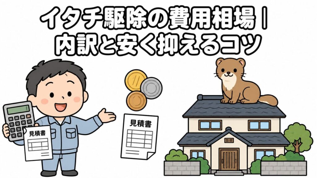 イタチ駆除の費用相場を解説する記事のメインビジュアル。屋根の上のイタチと、電卓と見積書を持つ獣害対策アドバイザーを描いたいらすとや風イラスト