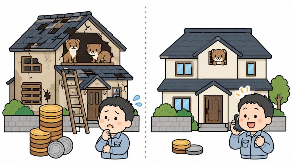 すき間の多い家と少ない家を左右で対比し、被害の進み具合と駆除費用の差を硬貨の量で表したいらすとや風イラスト