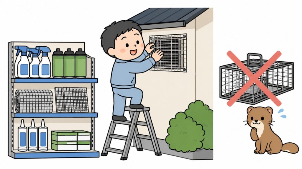ホームセンターで買える忌避剤や金網でのDIY対策と、檻での捕獲が法律で禁止されていることをバツ印で示したいらすとや風イラスト