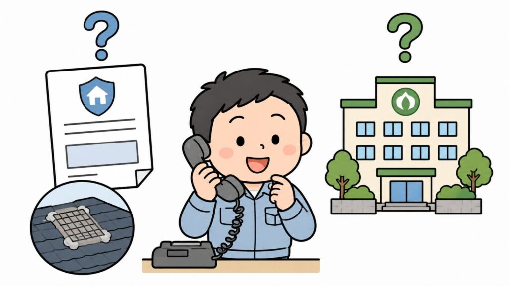 火災保険の証券と市役所を並べ、補償や補助制度を電話で確認する様子を描いたいらすとや風イラスト