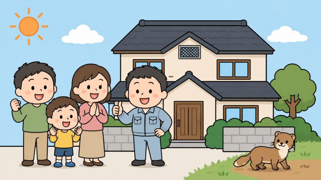 侵入口の封鎖を終えた住宅の前で安心する家族と獣害対策アドバイザー、野原へ帰っていくイタチを描いたいらすとや風イラスト