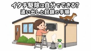 換気口に金網を取り付ける住民と屋根から出ていくイタチを描いた、自分でできるイタチ駆除のメインビジュアル（いらすとや風イラスト）