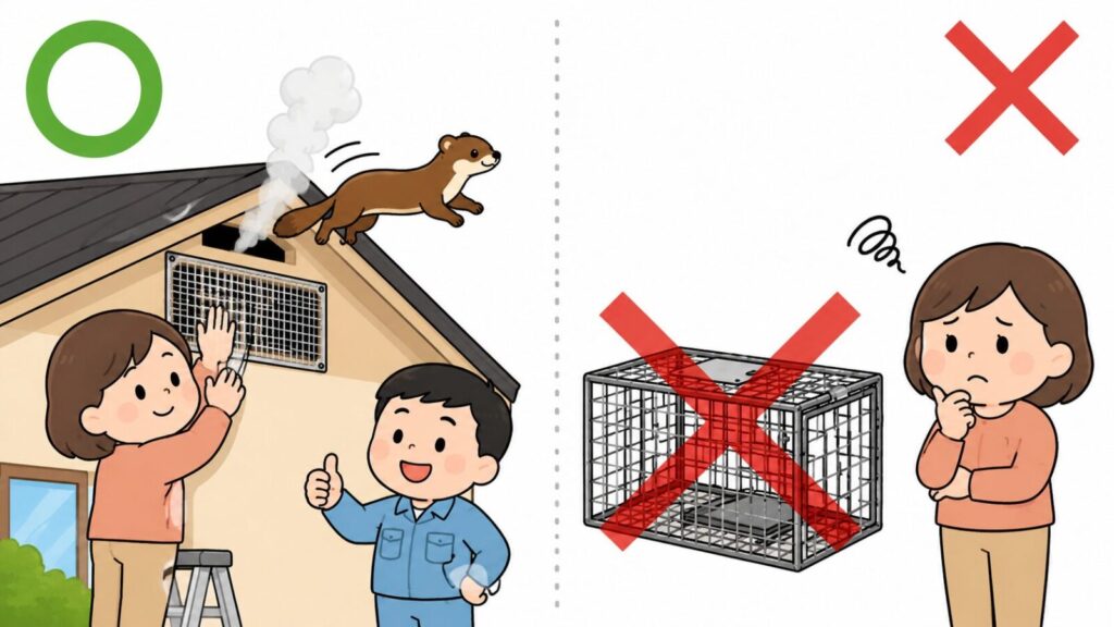 追い出しと封鎖は自分でできるが檻での捕獲は違法であることを、丸とバツの対比で示したいらすとや風イラスト