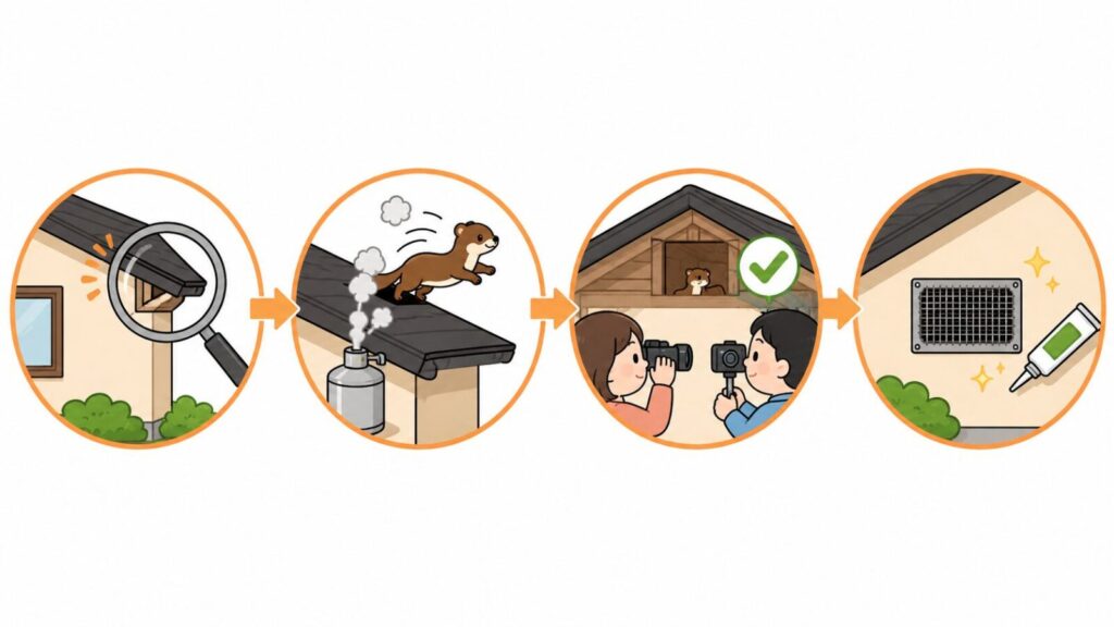 侵入口の確認、傷つけない追い出し、残っていないことの確認、金属材料での封鎖という4ステップを矢印の流れ図で示したいらすとや風イラスト