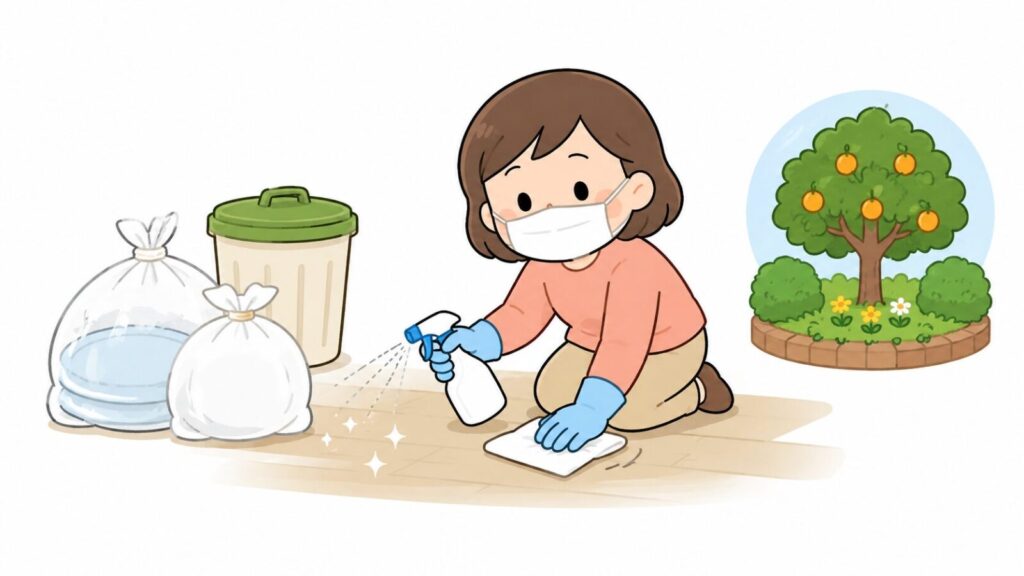 消毒剤で湿らせてからペーパータオルで糞や巣材を回収する、追い出し後の安全な清掃手順を表すいらすとや風イラスト