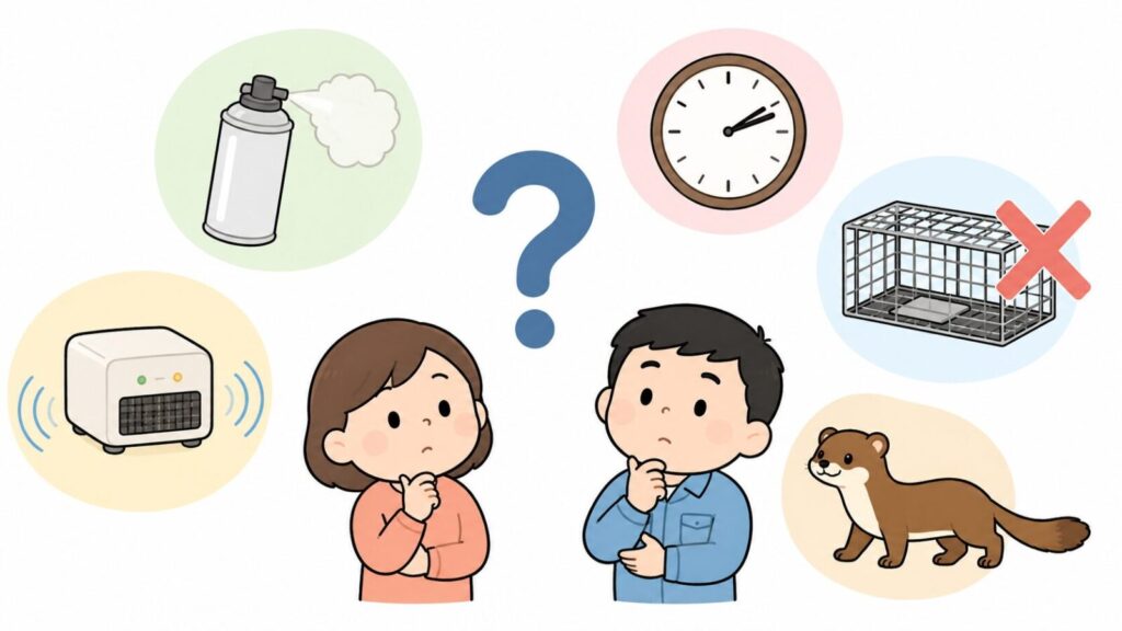 自分でのイタチ対策に関するよくある質問を、くん煙剤や超音波グッズのアイコンとクエスチョンマークで表現したいらすとや風イラスト
