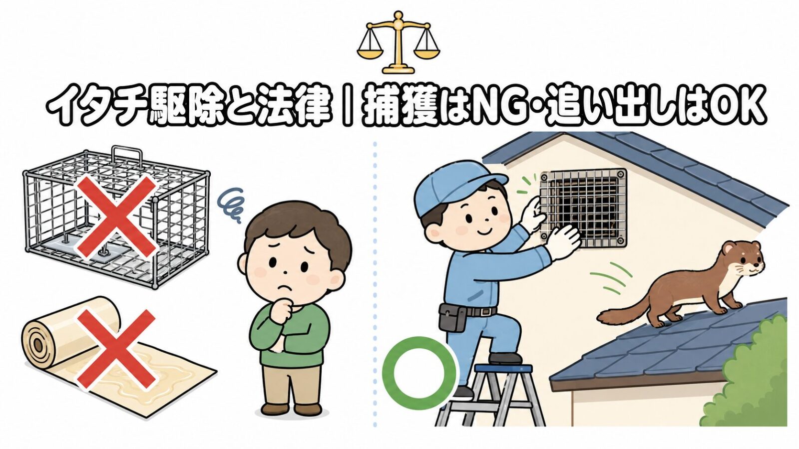 檻や粘着シートでの捕獲に赤いバツ、換気口の封鎖と追い出しに緑の丸を対比させ、天秤で法律を象徴した、イタチ駆除と法律の解説記事のメインビジュアル(いらすとや風イラスト)