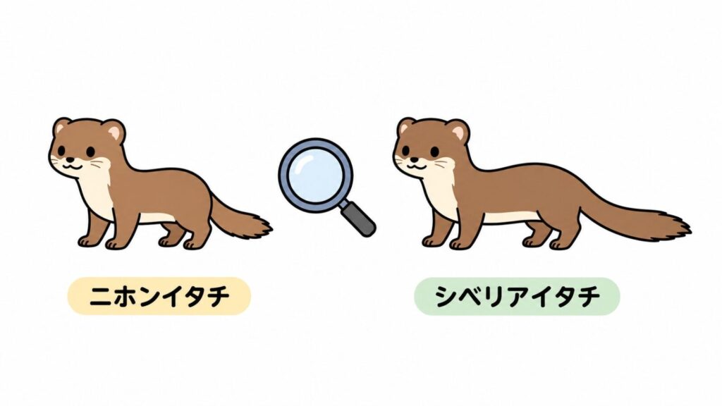 尾の短いニホンイタチと尾の長いシベリアイタチを並べ、種と雌雄で狩猟の扱いが変わることと見分けの難しさを虫眼鏡で示したいらすとや風イラスト