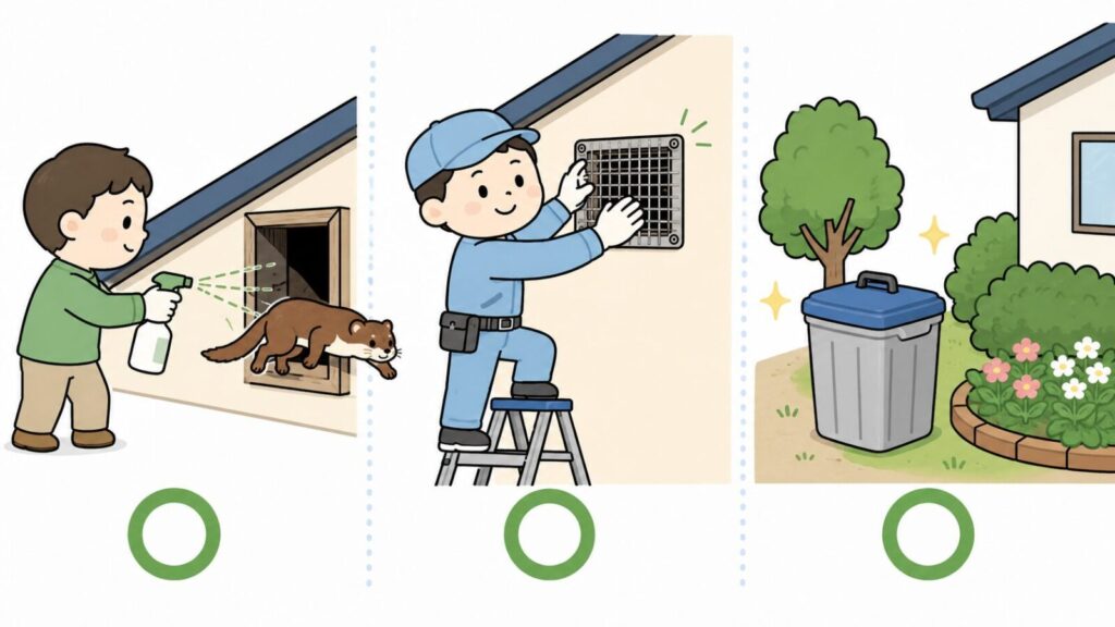 忌避剤での追い出し・換気口の封鎖・生ごみの管理という許可のいらない3つの合法な対処に緑の丸を添えたいらすとや風イラスト