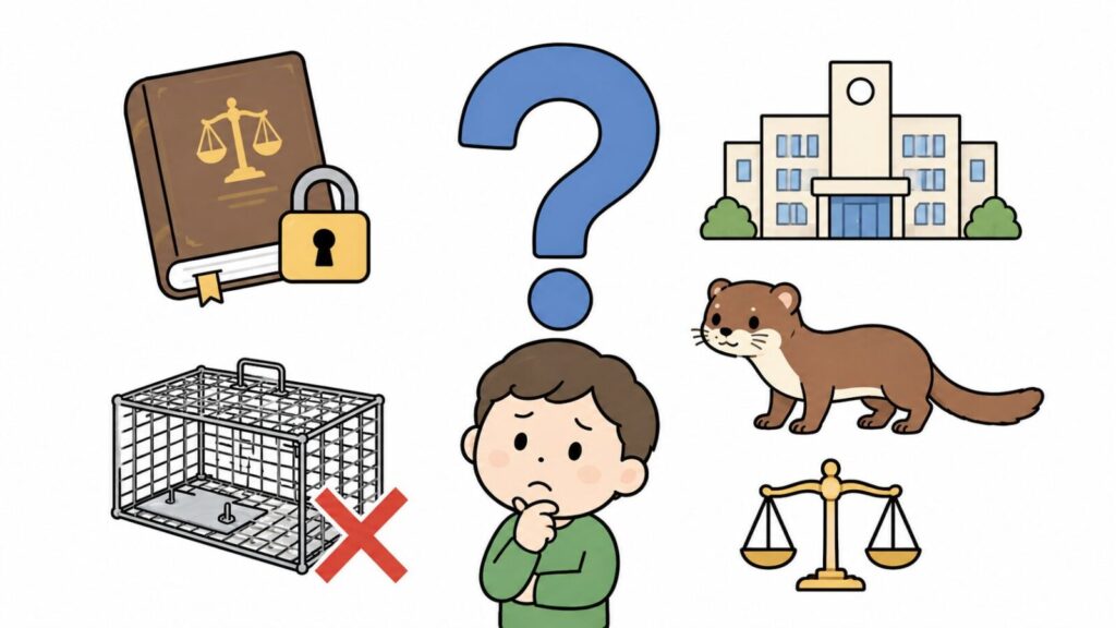 イタチ駆除と法律に関するよくある質問を、法律の本や役所・天秤のアイコンとクエスチョンマークで表現したいらすとや風イラスト