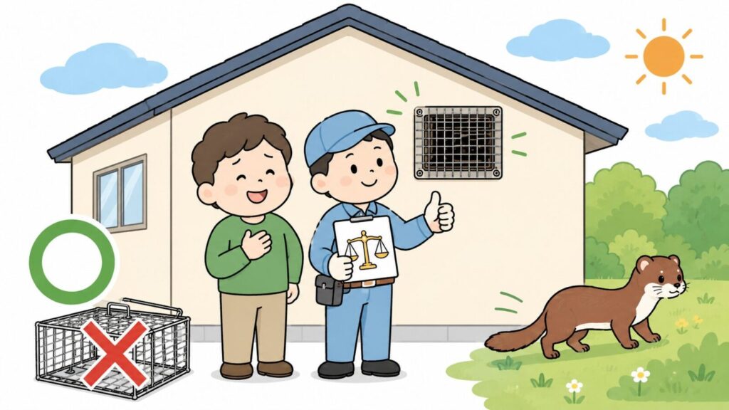 封鎖を終えた住宅の前で安心する住民と獣害対策アドバイザー、追い出しはOK・捕獲はNGの対比、野原へ帰るイタチを描いたいらすとや風イラスト