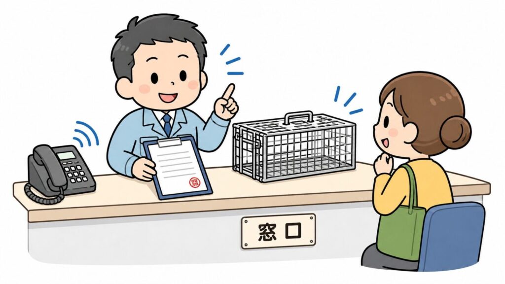 市役所の窓口で職員が捕獲許可の申請書類と簡易捕獲器について案内する、大阪市の相談窓口と貸出制度を表すいらすとや風イラスト