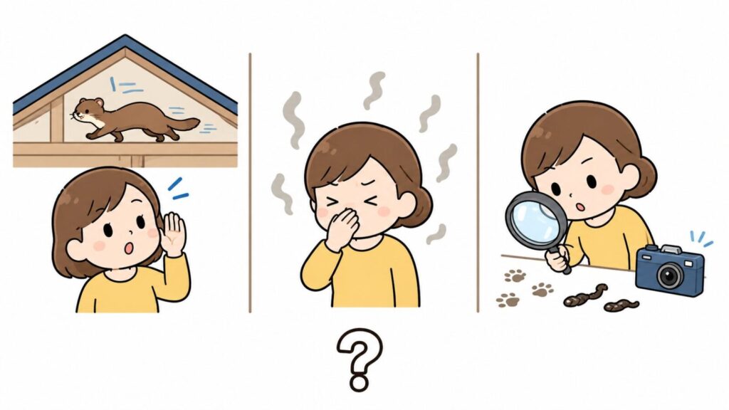 天井裏の物音・糞尿の臭い・細くねじれた糞という3つの手掛かりを調べる住民を描き、一つだけでは断定できないことを示したいらすとや風イラスト