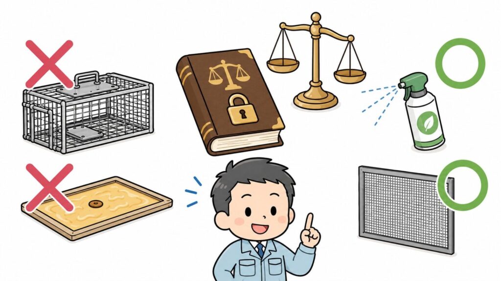 法律の本と天秤を中心に、無許可の罠に赤いバツ、忌避剤と金網に緑の丸を対比させた、イタチ捕獲の法規制を表すいらすとや風イラスト