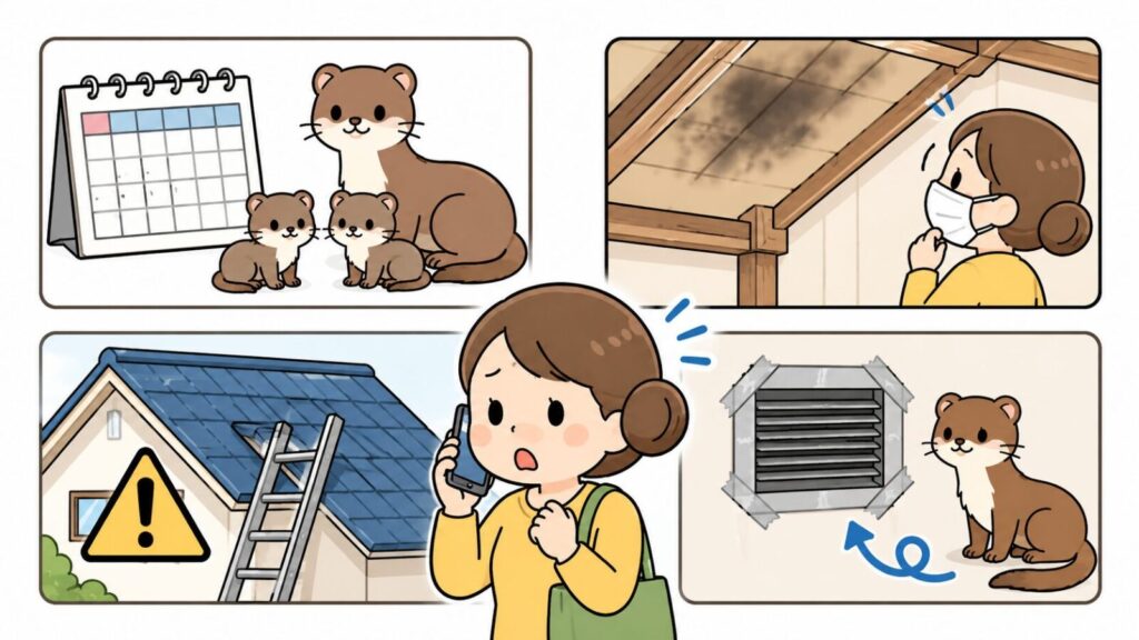 幼獣の時期・広範囲の汚れ・高所作業・再侵入という業者へ相談すべき4つの状況と、電話で相談する住民を描いたいらすとや風イラスト