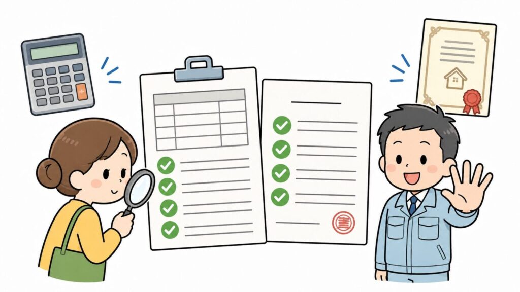 見積書と契約書を虫眼鏡で確かめる住民と、5つの確認ポイントを指で示す獣害対策アドバイザーを描いたいらすとや風イラスト