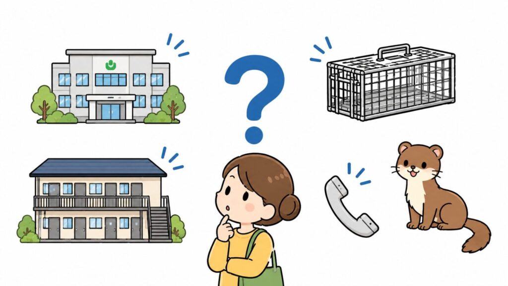 大阪市のイタチ駆除に関するよくある質問を、市役所や簡易捕獲器のアイコンとクエスチョンマークで表現したいらすとや風イラスト