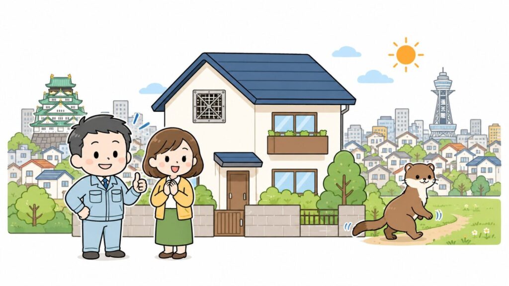大阪城と通天閣を背景に、封鎖を終えた住宅の前で安心する住民と獣害対策アドバイザー、野原へ帰るイタチを描いたいらすとや風イラスト