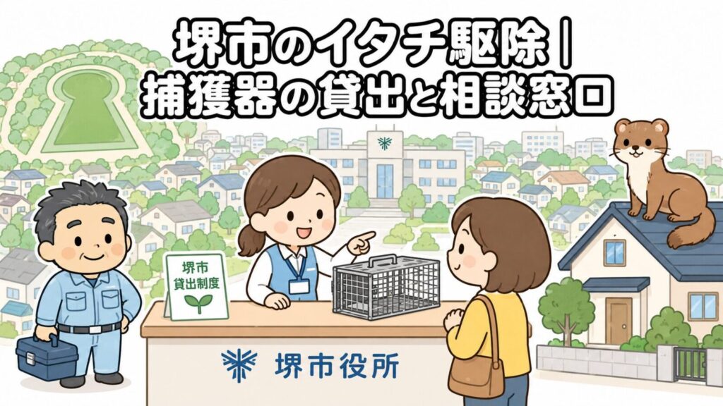 緑に覆われた前方後円墳と堺市役所を背景に、市の窓口でイタチ捕獲器の貸出を案内する職員と相談する住民、屋根の上のイタチ、工具箱を持つ獣害対策アドバイザーを描いた、堺市のイタチ駆除解説記事のメインビジュアル(いらすとや風イラスト)