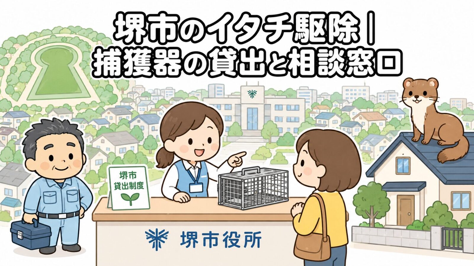 緑に覆われた前方後円墳と堺市役所を背景に、市の窓口でイタチ捕獲器の貸出を案内する職員と相談する住民、屋根の上のイタチ、工具箱を持つ獣害対策アドバイザーを描いた、堺市のイタチ駆除解説記事のメインビジュアル(いらすとや風イラスト)