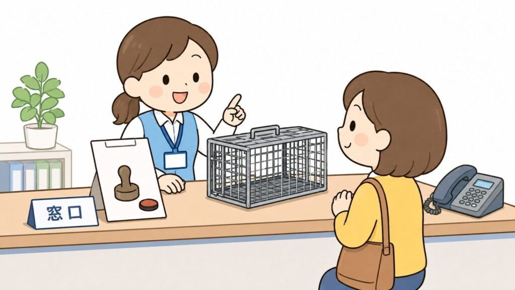 堺市役所の窓口カウンターで、職員が捕獲許可の申請書類と貸出用のイタチ捕獲器を並べて住民に説明している場面を描き、相談から許可申請・捕獲器の貸出までを環境共生課が案内することを表したいらすとや風イラスト