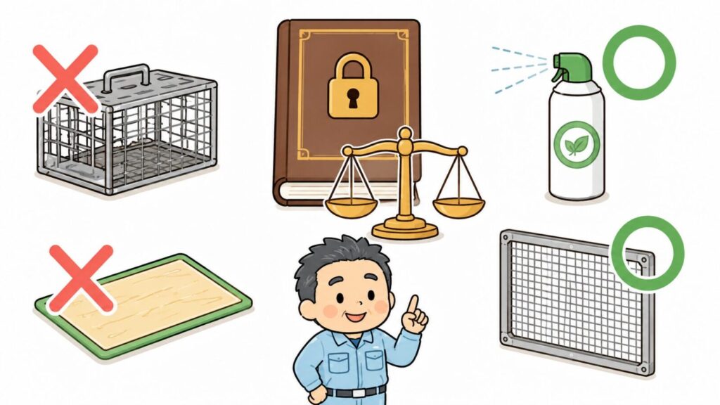法律の本と天秤を中央に置き、無許可の捕獲器と粘着シートに赤いバツ印、忌避剤スプレーと金網に緑の丸印を対比させて、イタチの捕獲は許可制だが追い出しと封鎖は許可なくできることを示すいらすとや風イラスト