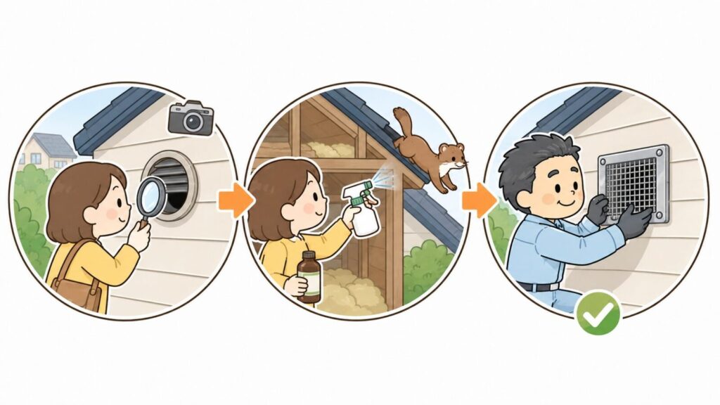 換気口の隙間を虫眼鏡で点検する、忌避剤と木酢液で天井裏から追い出す、残っていないことを確認してから金網を取り付けるという3手順を矢印でつないで示した、イタチの追い出しと封鎖の流れを表すいらすとや風イラスト