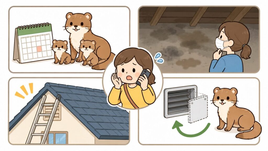 子育て時期を示すカレンダーと親子のイタチ、マスクを着けて見上げる天井裏の広範囲の汚れ、はしごを使う高所作業の危険、封鎖後の再侵入という4つの状況を並べ、中央で業者に電話相談する住民を描いたいらすとや風イラスト