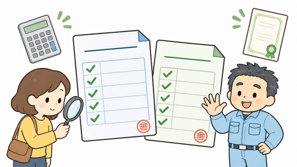 見積書と契約書に並んだ5つのチェックマークを虫眼鏡で確かめる住民と、確認ポイントの数を手で示す獣害対策アドバイザー、電卓と保証書を添えて、イタチ駆除の業者選びで確認すべき点を表したいらすとや風イラスト