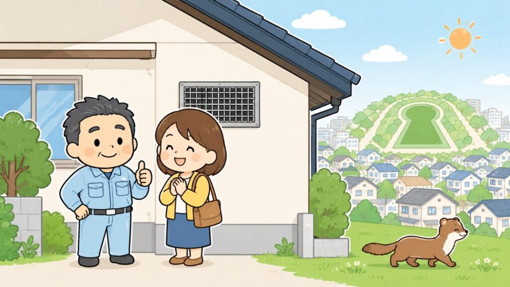 金網で換気口が塞がれた住宅の前で安心する住民と親指を立てる獣害対策アドバイザー、背景に緑の前方後円墳と堺の住宅街、野原へ歩いて帰るイタチを描いた、堺市でのイタチ対策の完了を表すいらすとや風イラスト