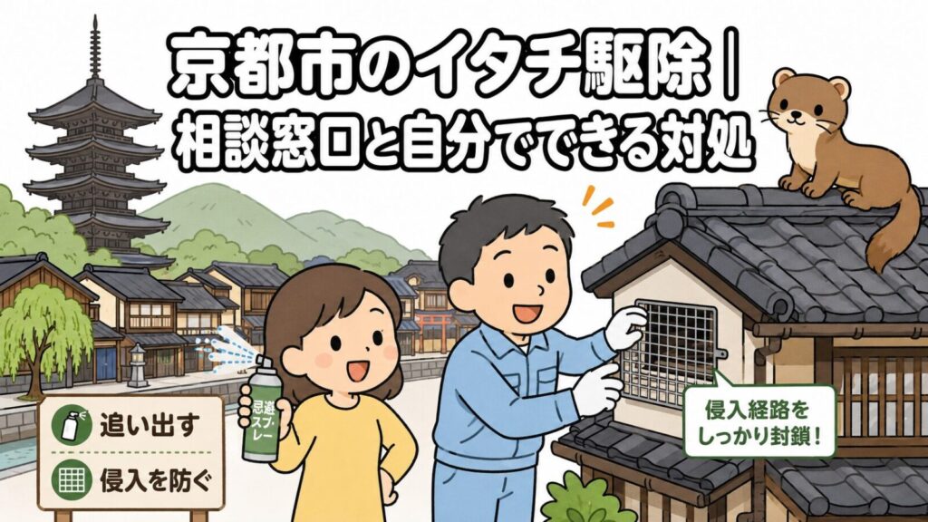 五重塔と町家の並ぶ京都の街並みを背景に、忌避スプレーを持つ住民と換気口に金網を取り付ける獣害対策アドバイザー、瓦屋根の上のイタチを描いた、京都市のイタチ駆除解説記事のメインビジュアル（いらすとや風イラスト）