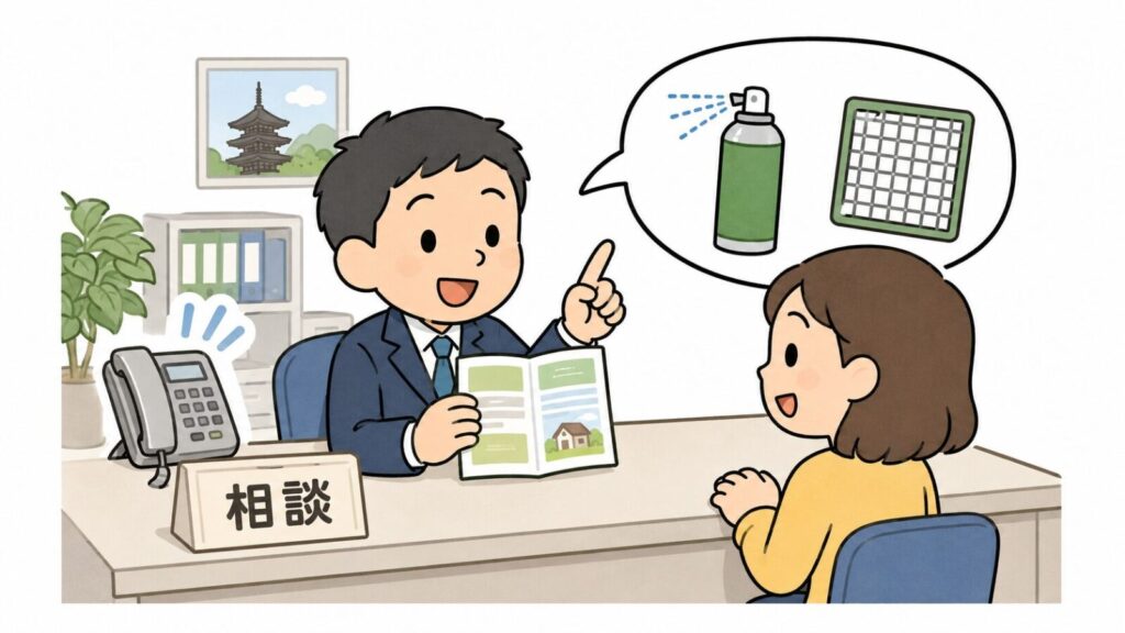 区役所の窓口で職員がパンフレットを手に、忌避剤と金網を使った自分でできる対処方法を住民へ案内している場面を描き、京都市が相談に応じる窓口であることを表したいらすとや風イラスト