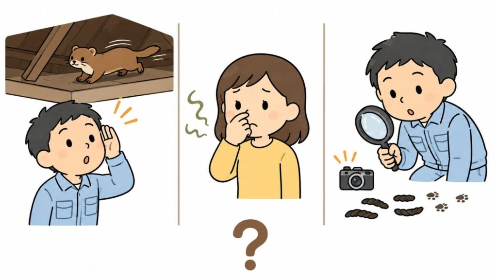 天井裏を走るイタチの物音に耳を澄ます住民、糞尿の臭いに顔をしかめる住民、虫眼鏡で細くねじれた糞と足跡を調べる住民の3場面を並べ、下部のクエスチョンマークで手掛かり一つだけでは動物を断定できないことを示したいらすとや風イラスト