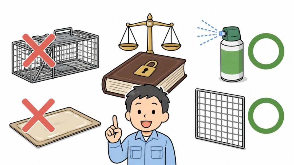 法律の本と天秤を中央に置き、無許可の捕獲器と粘着シートに赤いバツ印、忌避スプレーと金網に緑の丸印を対比させて、イタチの捕獲は許可制だが追い出しと封鎖は許可なくできることを示すいらすとや風イラスト