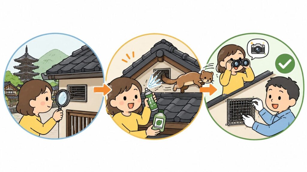 町家の換気口を虫眼鏡で点検する、木酢液と忌避剤で瓦屋根から追い出す、双眼鏡で残っていないことを確認してから金網を取り付けるという3手順を矢印でつないで示した、イタチの追い出しと封鎖の流れを表すいらすとや風イラスト