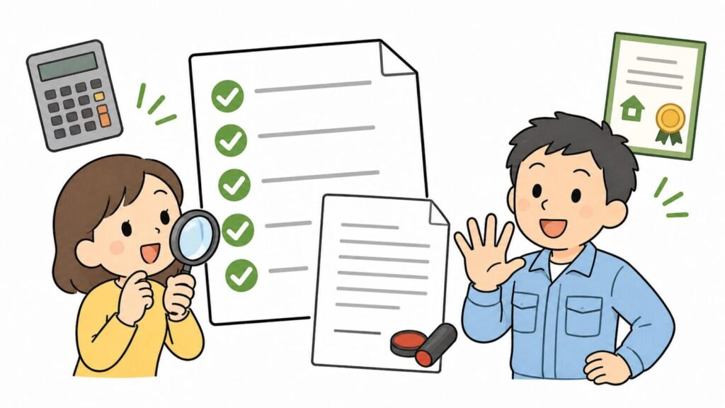 見積書と契約書に並んだ5つのチェックマークを虫眼鏡で確かめる住民と、確認ポイントの数を手で示す獣害対策アドバイザー、電卓と保証書を添えて、イタチ駆除の業者選びで確認すべき点を表したいらすとや風イラスト