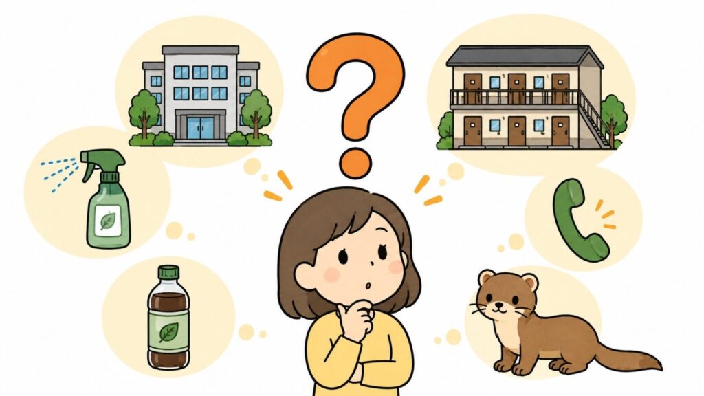 区役所の建物、忌避スプレーと木酢液、賃貸マンション、電話の受話器、イタチのキャラクターをクエスチョンマークとともに配置し、考えごとをする住民を中央に描いた、京都市のイタチ駆除のよくある質問を表すいらすとや風イラスト