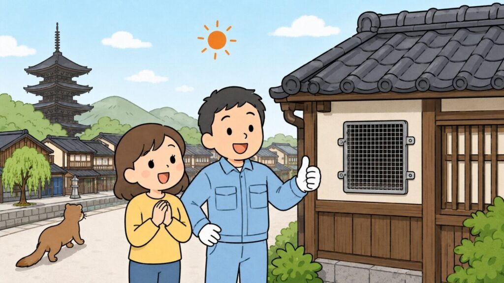 五重塔と町家の並ぶ街並みを背景に、金網で換気口が塞がれた住宅の前で安心する住民と親指を立てる獣害対策アドバイザー、山の方へ帰るイタチを描いた、京都市でのイタチ対策の完了を表すいらすとや風イラスト