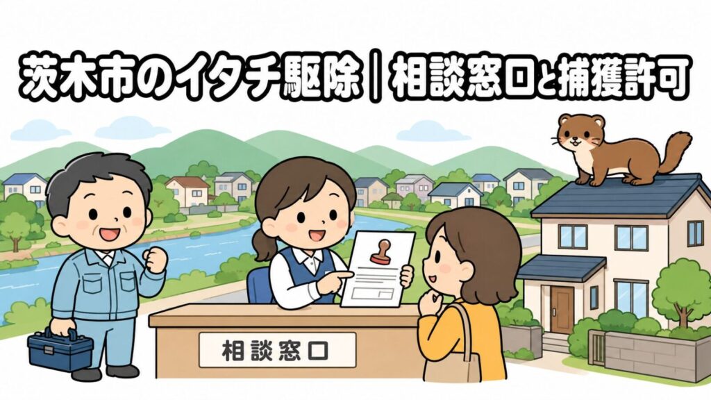山並みと川、郊外の住宅街を背景に、市役所の窓口で申請書類の案内を受ける住民と工具箱を持つ獣害対策アドバイザー、屋根の上のイタチを描いた、茨木市のイタチ駆除解説記事のメインビジュアル（いらすとや風イラスト）