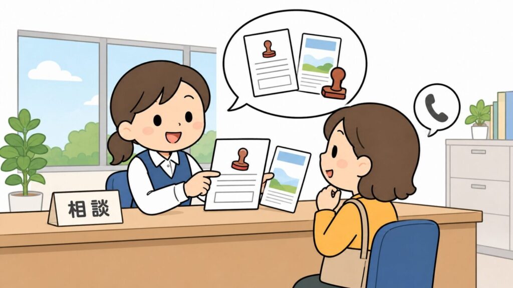 市役所の相談窓口で職員が申請書類とパンフレットを手に案内し、住民が相談している場面を描いた、茨木市の相談窓口と捕獲許可の申請を表すいらすとや風イラスト