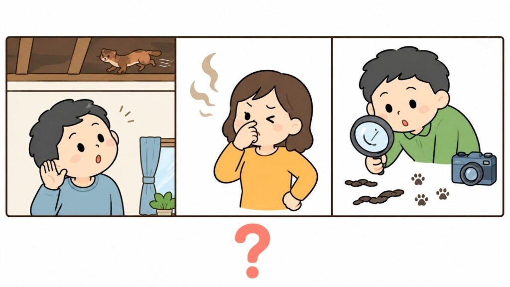 天井裏を走るイタチの物音に耳を澄ます住民、糞尿の臭いに顔をしかめる住民、虫眼鏡で細くねじれた糞と足跡を調べる住民の3場面を並べ、下部のクエスチョンマークで手掛かり一つだけでは動物を断定できないことを示したいらすとや風イラスト
