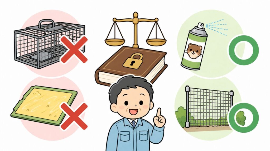 法律の本と天秤を中央に置き、無許可の捕獲器と粘着シートに赤いバツ印、忌避スプレーと金網に緑の丸印を対比させて、イタチの捕獲は許可制だが追い出しと封鎖は許可なくできることを示すいらすとや風イラスト