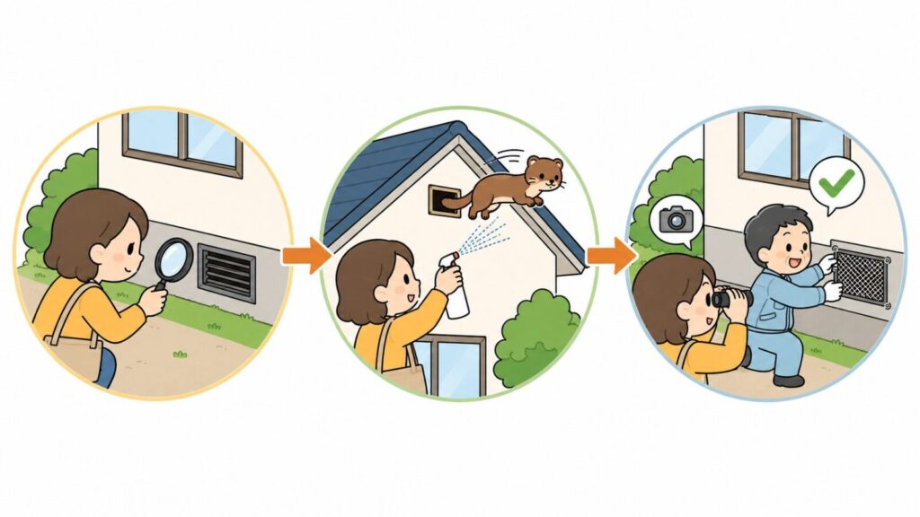 住宅の換気口を虫眼鏡で点検する、忌避スプレーで屋根から追い出す、双眼鏡で残っていないことを確認してから金網を取り付けるという3手順を矢印でつないで示した、イタチの追い出しと封鎖の流れを表すいらすとや風イラスト