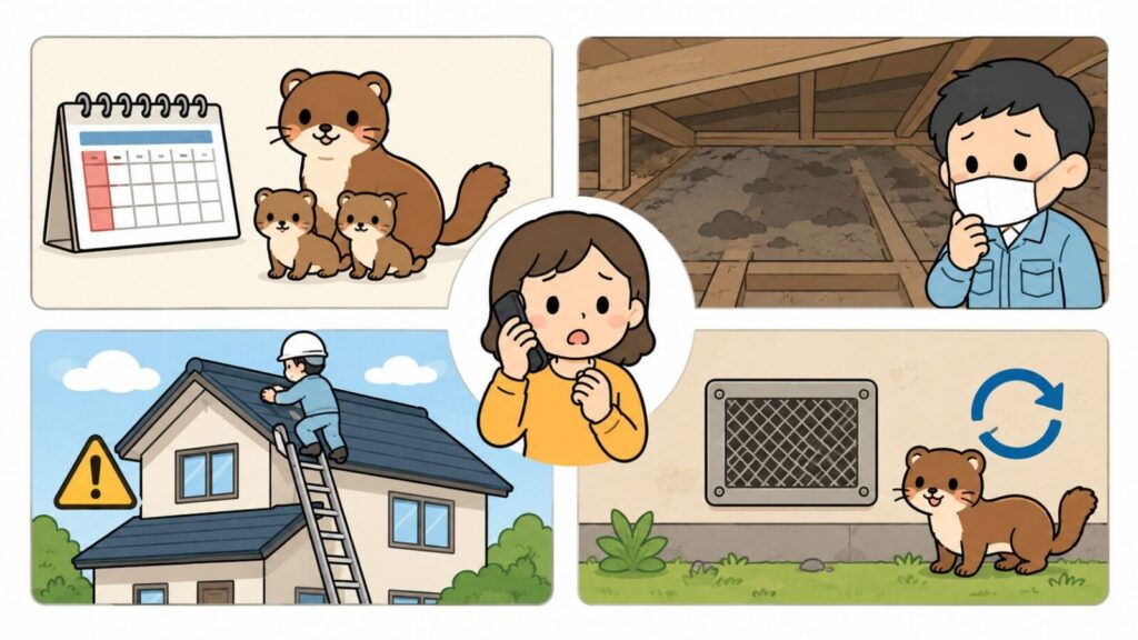 子育て時期を示すカレンダーと親子のイタチ、マスクを着けて見上げる天井裏の広範囲の汚れ、はしごを使う高所作業の危険、封鎖後の再侵入という4つの状況を並べ、中央で業者に電話相談する住民を描いたいらすとや風イラスト