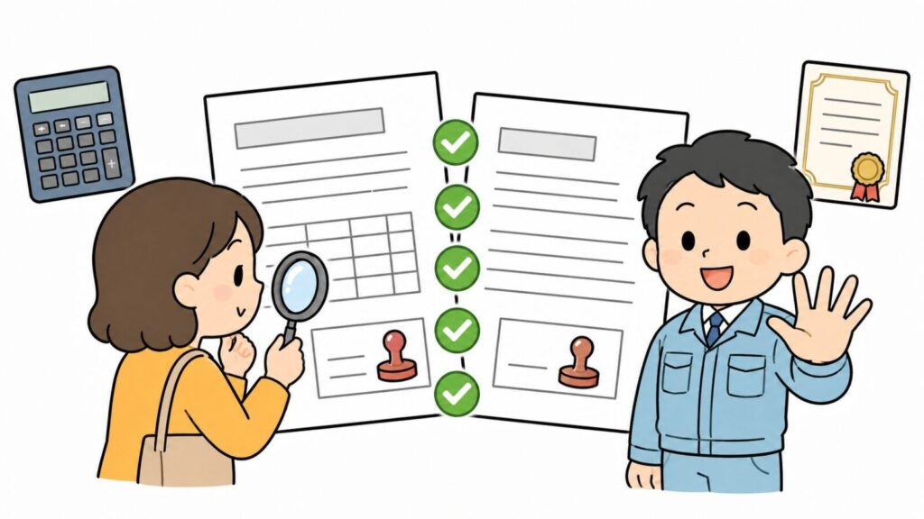 見積書と契約書に並んだ5つのチェックマークを虫眼鏡で確かめる住民と、確認ポイントの数を手で示す獣害対策アドバイザー、電卓と保証書を添えて、イタチ駆除の業者選びで確認すべき点を表したいらすとや風イラスト
