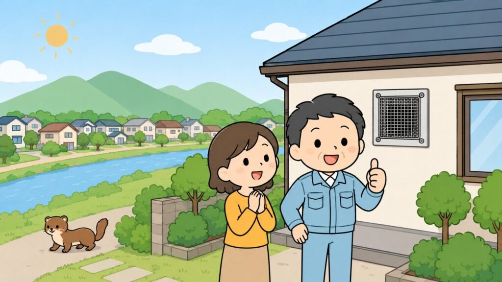 山並みと川、郊外の住宅街を背景に、金網で換気口が塞がれた住宅の前で安心する住民と親指を立てる獣害対策アドバイザー、山の方へ帰るイタチを描いた、茨木市でのイタチ対策の完了を表すいらすとや風イラスト