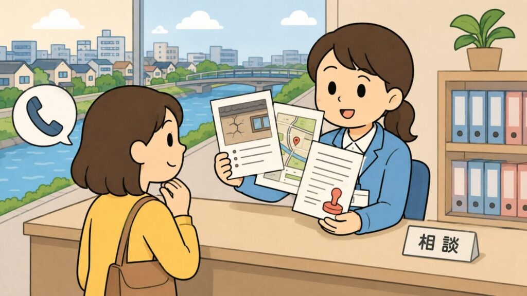 川沿いの街並みが見える窓口カウンターで、職員が被害箇所の写真・地図・判子付きの申請書類を並べて捕獲許可の手続きを案内し、住民が相談を聞いている場面を描いた、寝屋川市の相談窓口を表すいらすとや風イラスト