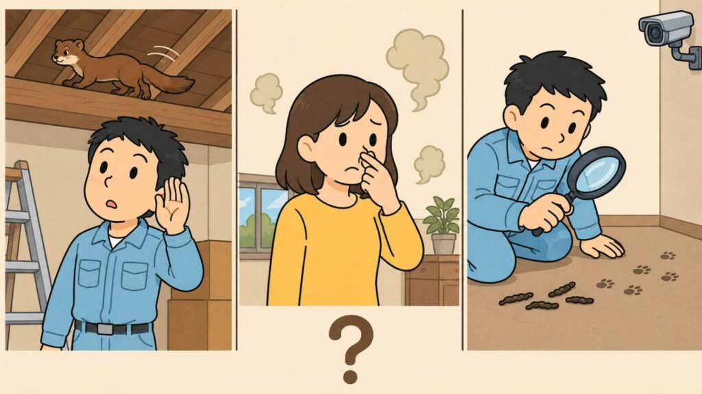 天井裏を走るイタチの物音に耳を澄ます住民、糞尿の臭いに顔をしかめる住民、虫眼鏡で細くねじれた糞と足跡を調べる住民の3場面を並べ、下部のクエスチョンマークで手掛かり一つだけでは動物を断定できないことを示したいらすとや風イラスト
