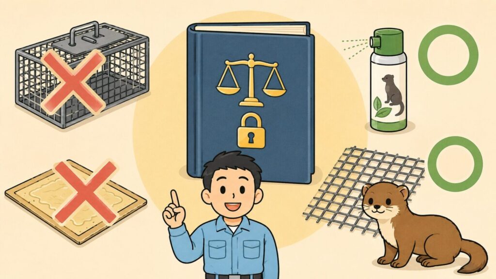 天秤と錠前が描かれた法律の本を中央に置き、無許可の捕獲器と粘着シートに赤いバツ印、忌避剤スプレーと金網に緑の丸印を対比させて、イタチの捕獲は許可制だが追い出しと封鎖は許可なくできることを示すいらすとや風イラスト