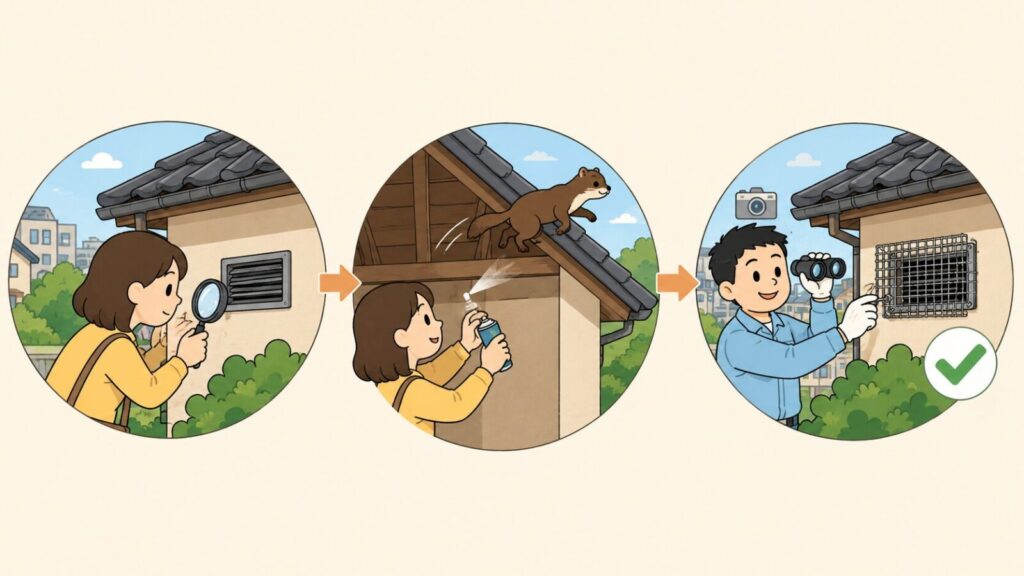 換気口の隙間を虫眼鏡で点検する、忌避スプレーで屋根から追い出す、双眼鏡で残っていないことを確認してから金網を取り付けるという3つの手順を矢印でつないで示した、イタチの追い出しと封鎖の流れを表すいらすとや風イラスト